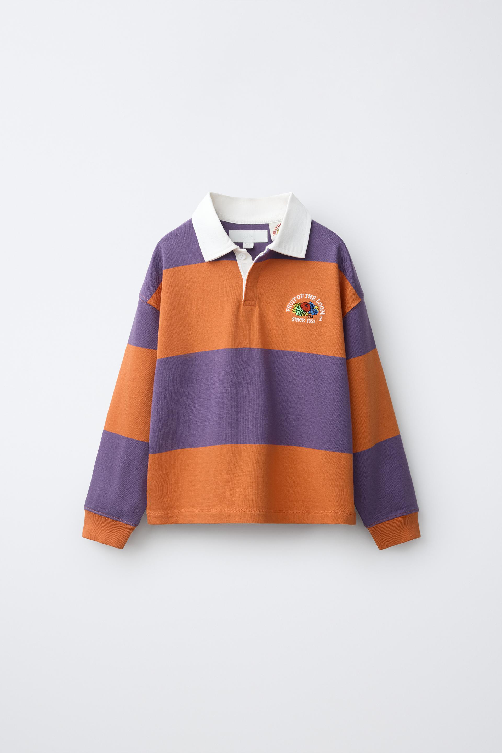 Zara - Fruit Of The Loom™ Embroidered Striped Polo Shirt - Purple - 5 Years (43,3 Inches) - Kids | Zara US