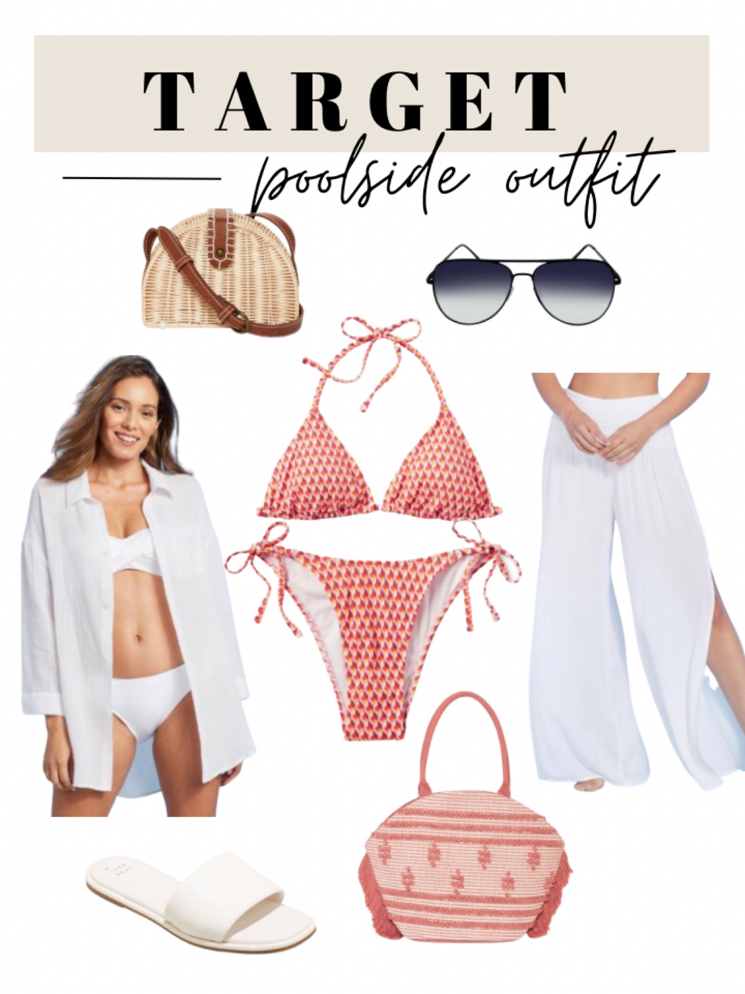 Target poolside outfit ☀️ 

Colorful bikini with cheeky bottoms, white swim cover up, sheer pants, sunglasses, straw purse, beach tote, slide on sandals 

#LTKunder50 #LTKtravel #LTKswim