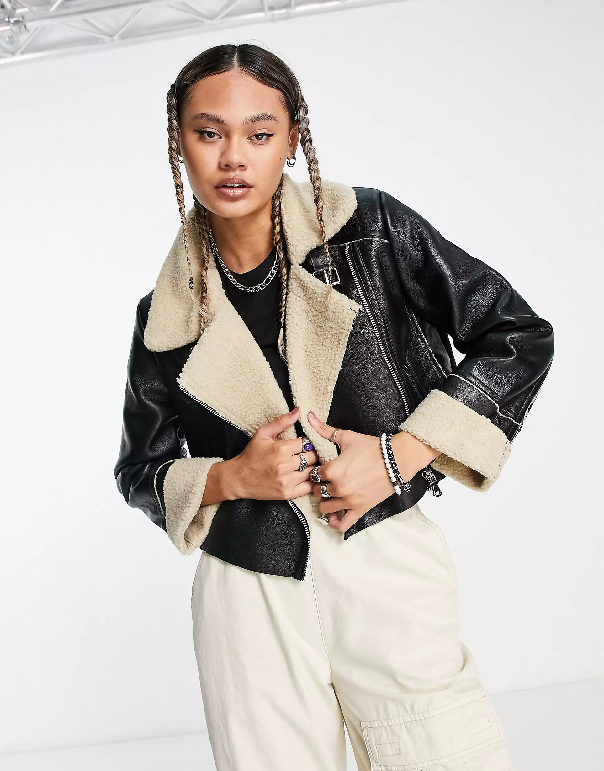 Stradivarius STR faux leather aviator jacket with contrast borg lining in black | ASOS (Global)