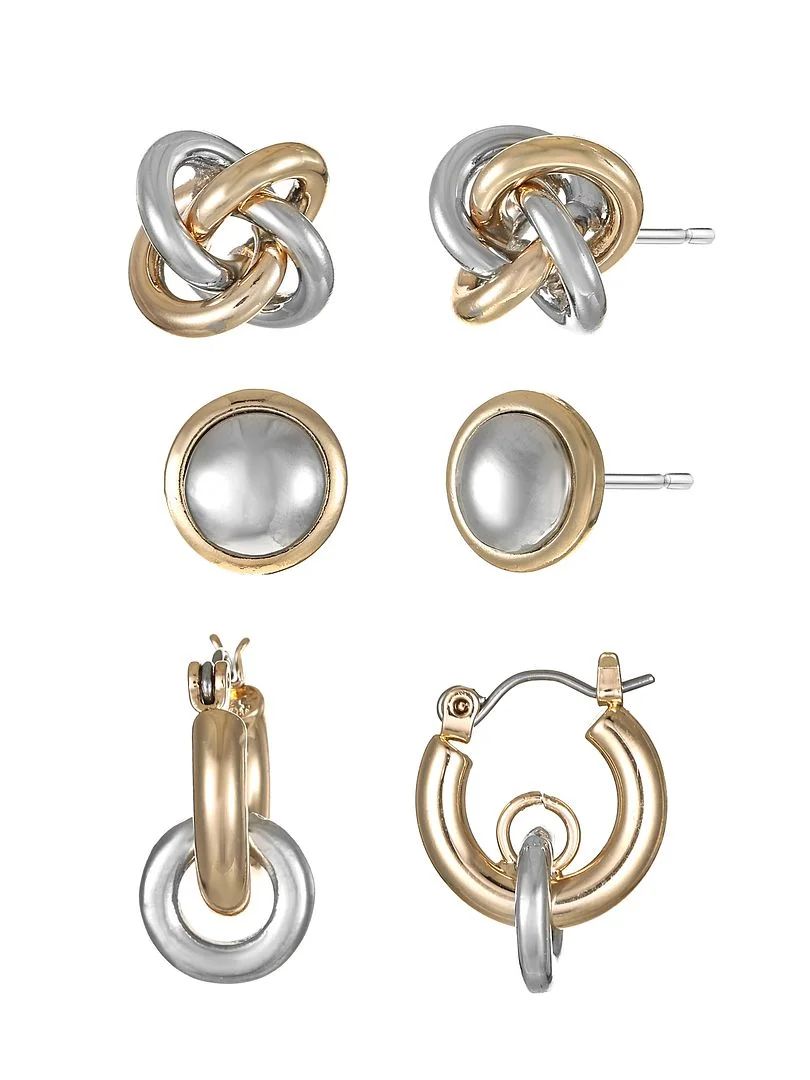 Time and Tru Mixed Metal Earring Collection, Silver and Goldtone Metal, Studs and Hoop, Female, 3... | Walmart (US)