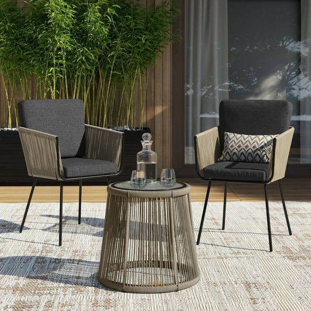 3 PCS Outdoor Patio Set Rattan Wicker Patio Chat Chairs & Table Bistro Seating Cushion Set, Grey | Walmart (US)