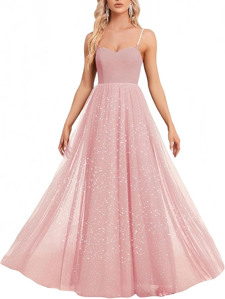 Women's Sparkly Prom Gowns Glitter Sequin Tulle A Line Long Formal Evening Gown Dresses High Wais... | Amazon (US)