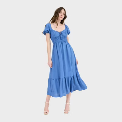 August Sky Women's Solid Front Tie Puff Sleeve Ruffle Hem Midi Dress, Dusty Blue, Small | Target