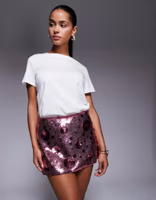 Oh Polly flower sequin A-line mini skirt in pink | ASOS (Global)
