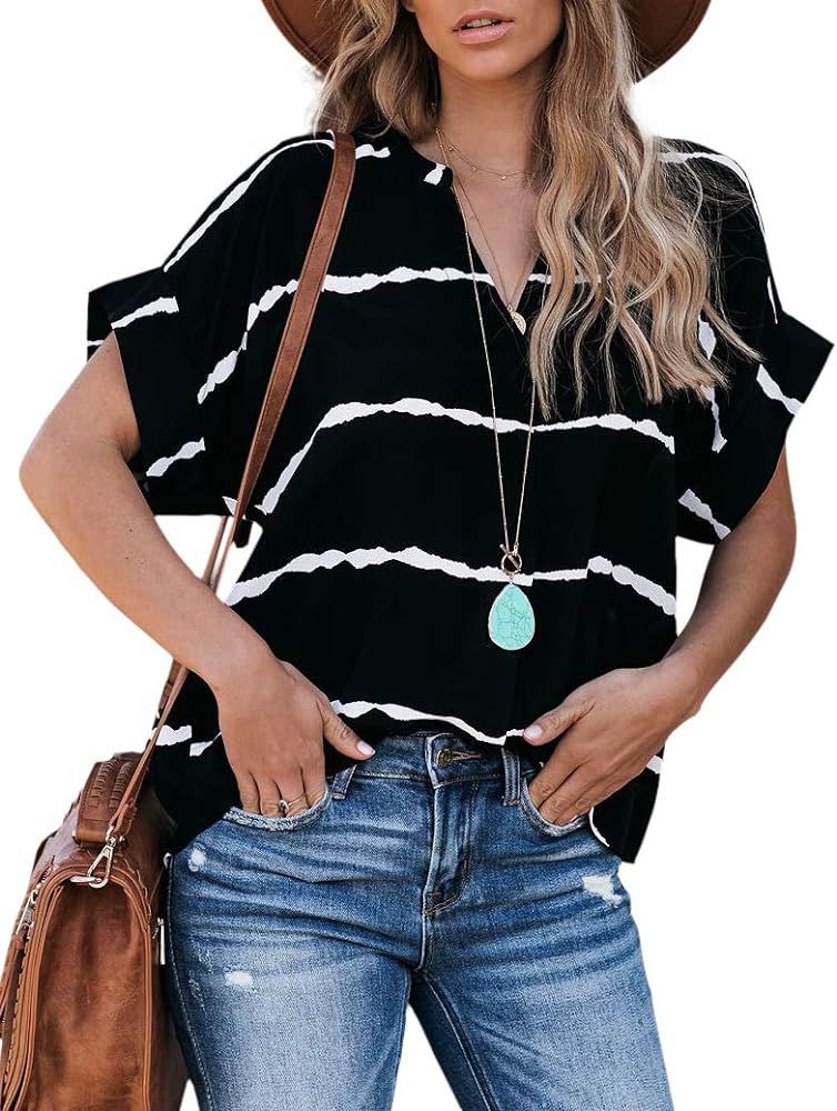 Womens V Neck Stripes Shirts Short Plaid Cuffed Sleeve Blouses Summer Loose Casual with Pockets | Amazon (US)