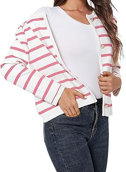 Women's Striped Cardigan Sweater Trendy Long Sleeve Button Down Crewneck Knit Cardigans | Amazon (US)