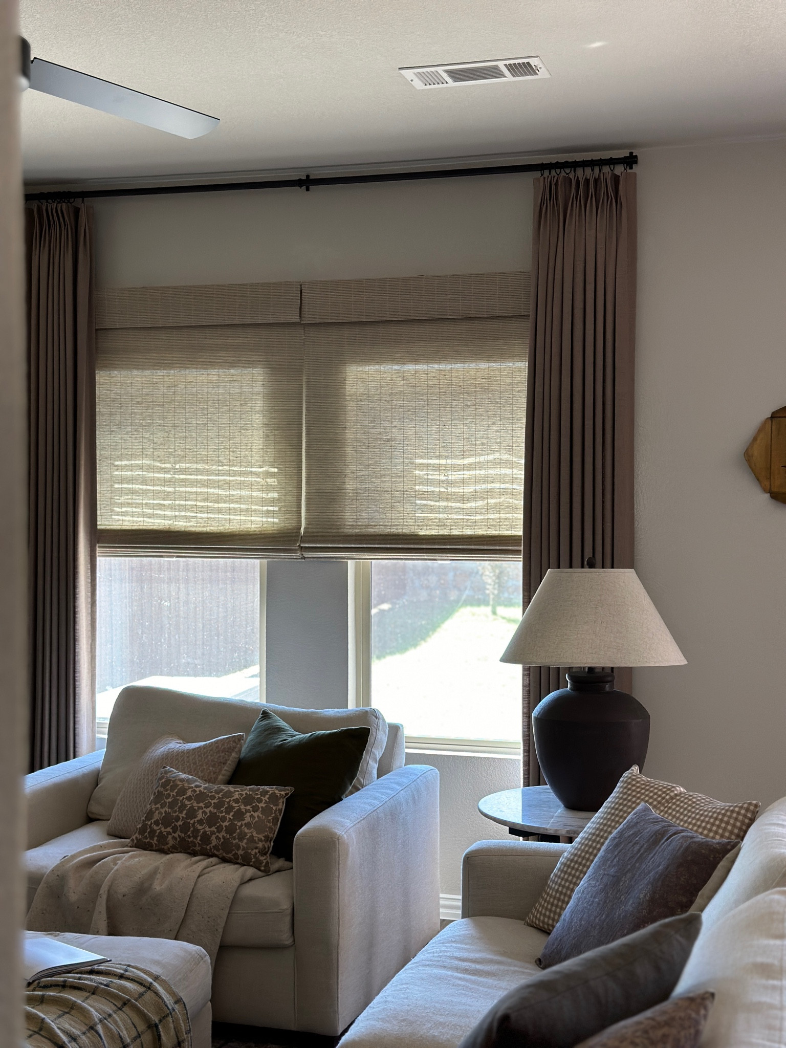 Linen curtains, linen drapes, bamboo shades, Roman shades, bamboo Roman shades, large lamp, vintage lamp, curtains, window treatments 

#LTKHome
