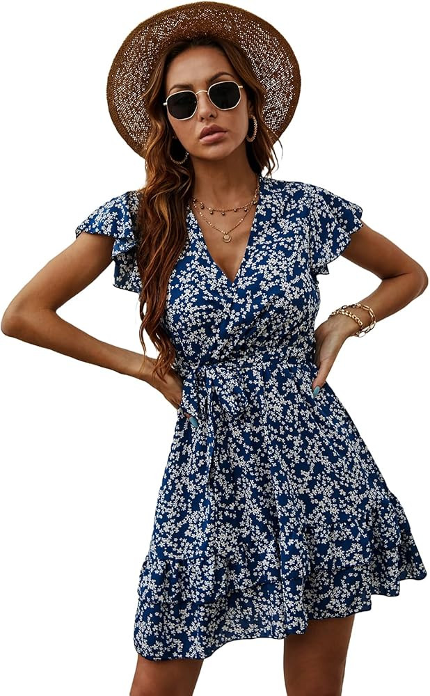 Floerns Women's Summer Polka Dots V Neck Ruffle Cap Sleeve A Line Mini Dress | Amazon (US)