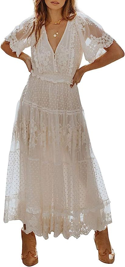 BLENCOT Womens Casual Boho Floral Lace V Neck Long Evening Dress Cocktail Party Maxi Wedding Dres... | Amazon (US)