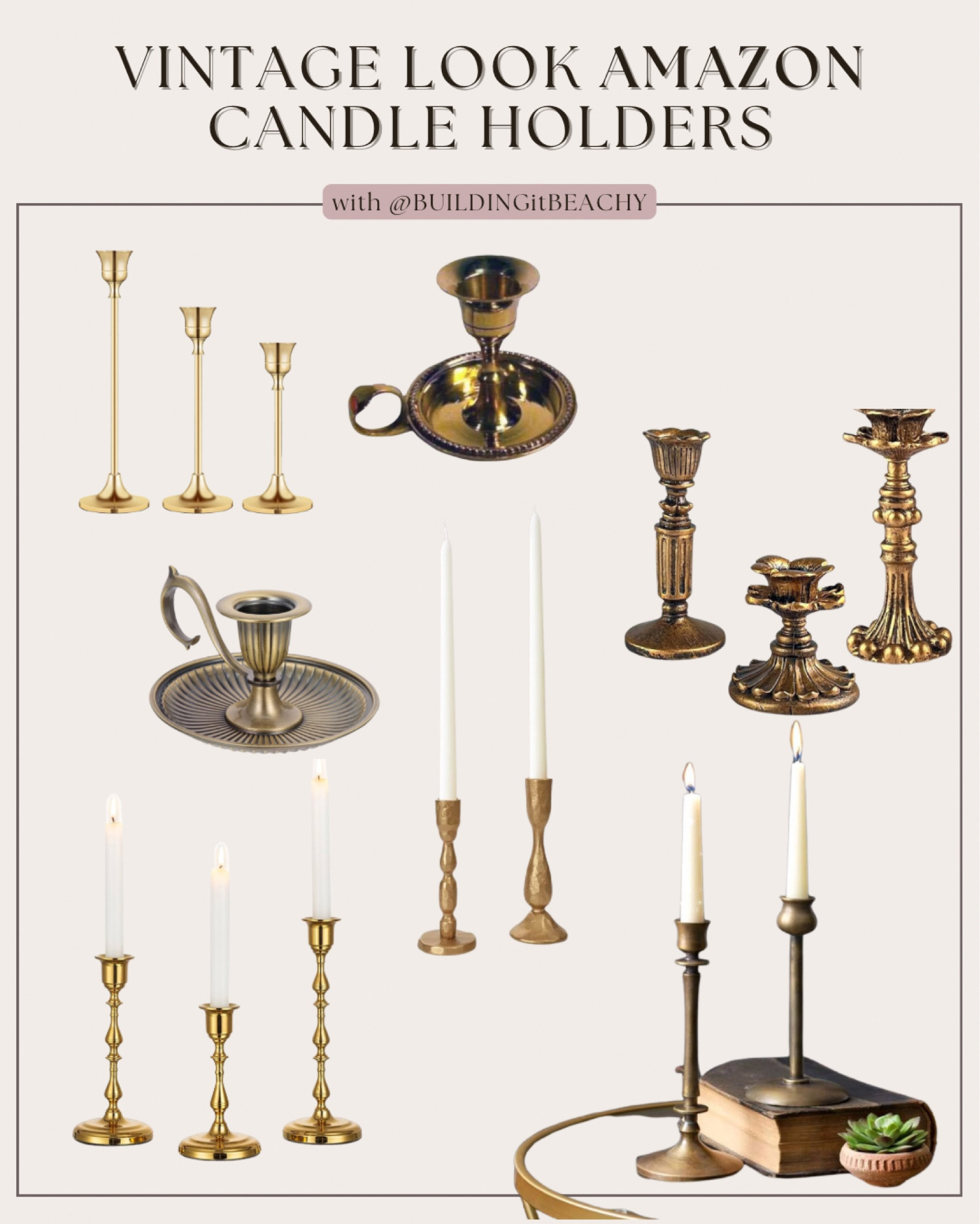 Vintage look candle holders, brass candle holders, gold candle holders, home decor, shelf decor 