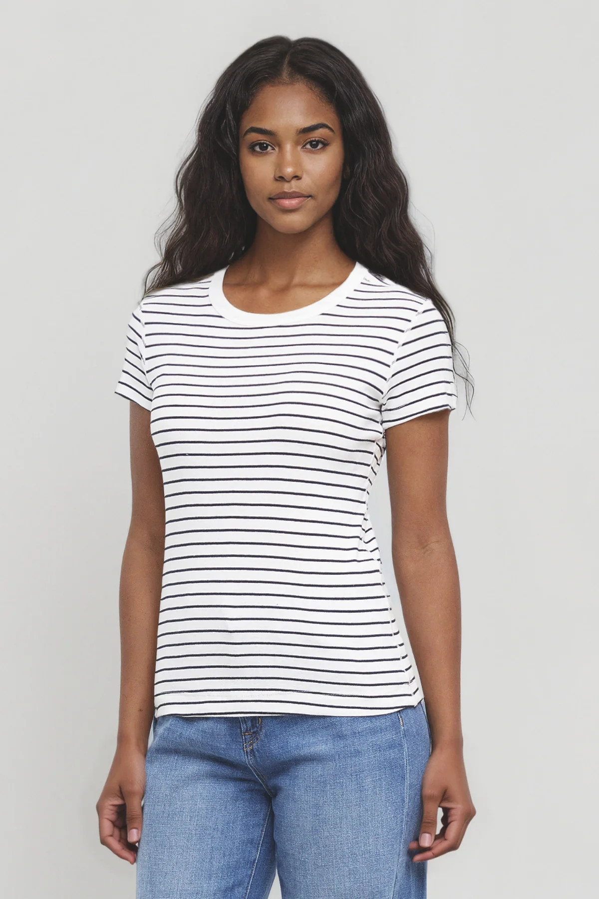 Crew-Neck Short Sleeve Rib Tee | Bright White Stripe | Three Dots