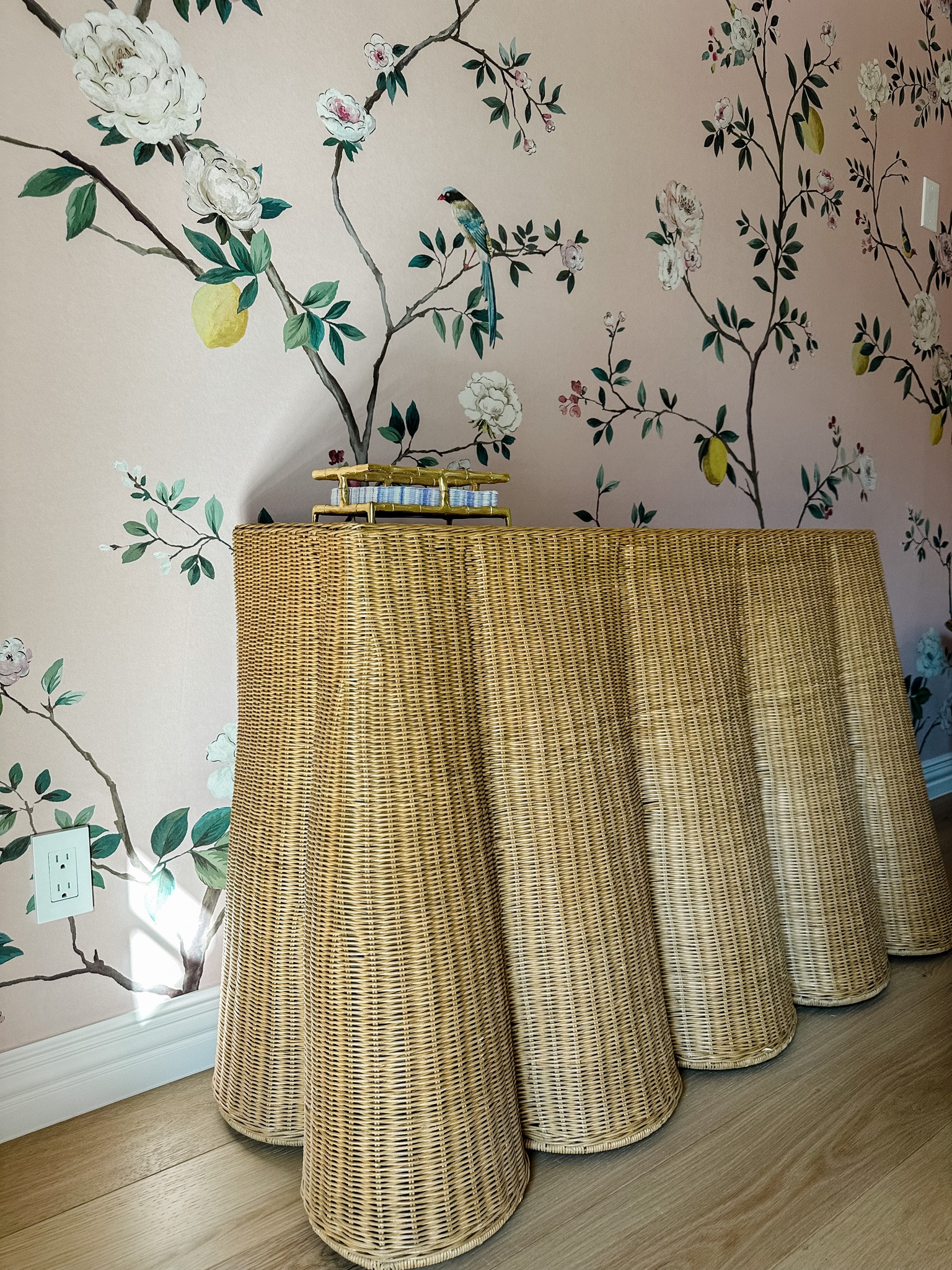 Scalloped wicker rattan console table. Grandmillennial scalloped console. 