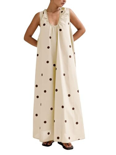 chouyatou Women's Boho Polka Dot Maxi Dress Sexy U Neck Pleated Swing Beach Party Tank Sun Long Dress (Small, Apricot) | Amazon (US)
