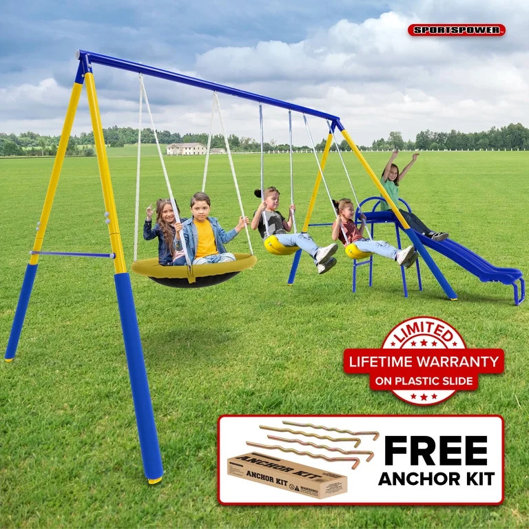 Sportspower Super Saucer Metal Swing Set with 2 Swings, 2-Person Saucer Swing, & 5FT Slide, Outdo... | Walmart (US)