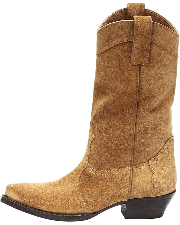 YIYA Women's Western Suede Cowboy Mid Calf Boots Classic Pointed Toe Chunky Low Heels Cowgirl Boo... | Amazon (US)