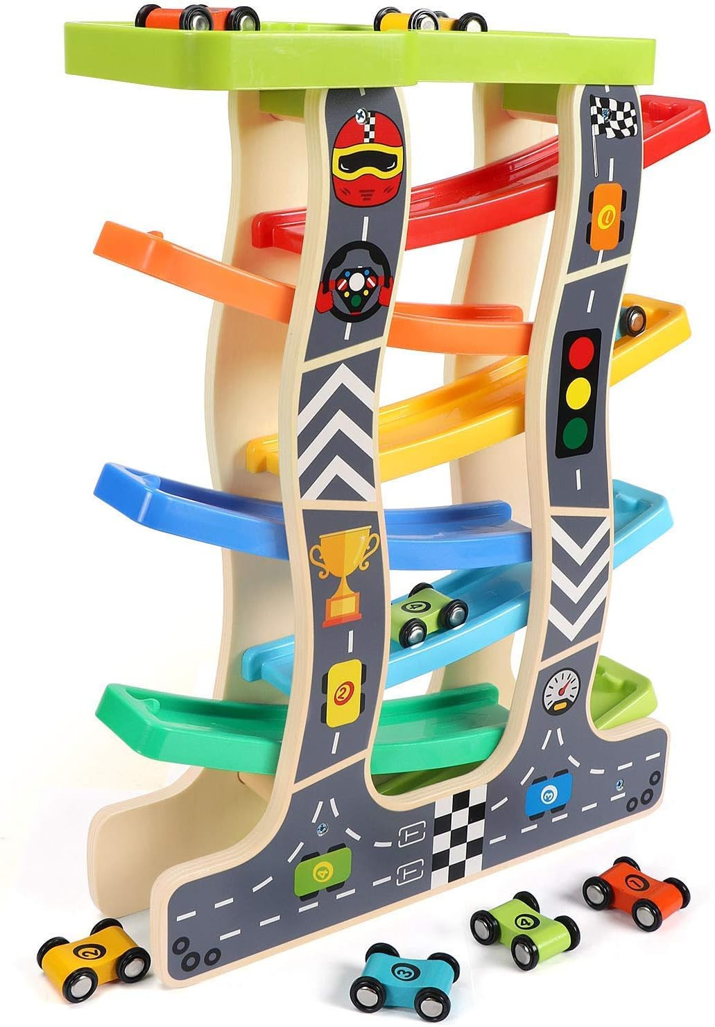 Lewo Toddler Toys Wooden Ramp Racer for Girls Boys Wood Race Track with 8 Mini Cars | Amazon (US)
