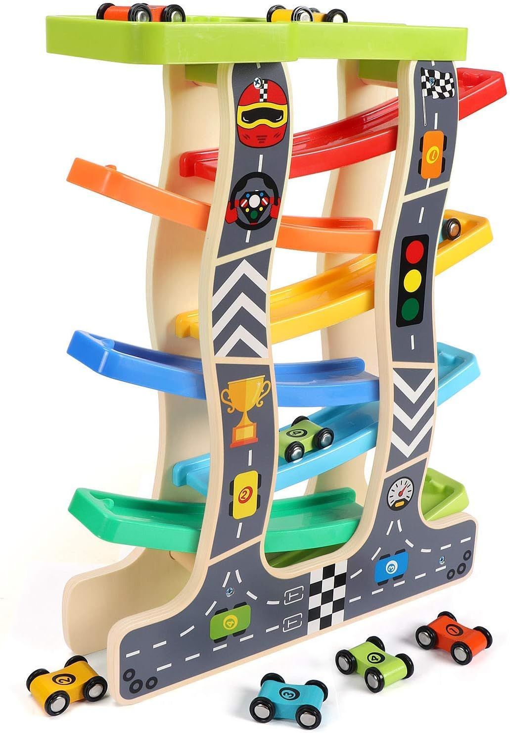 Lewo Toddler Toys Wooden Ramp Racer for Girls Boys Wood Race Track with 8 Mini Cars | Amazon (US)