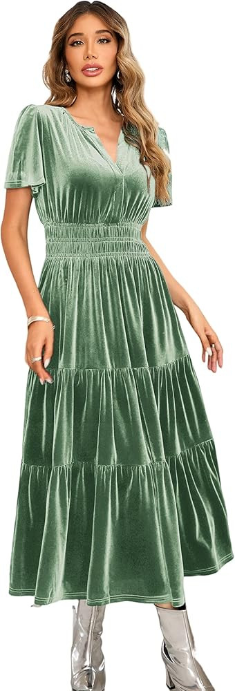 R.Vivimos Women's Fall Winter Vintage Velvet Dress Short Sleeve V Neck Elastic Waist Tiered Ruffl... | Amazon (US)