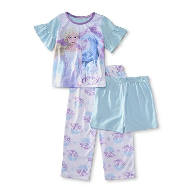 Frozen Toddler Girls Ruffle Loose Fit Short Sleeve Top, Shorts & Pants Pajamas, 3pc Set (2T-4T) | Walmart (US)