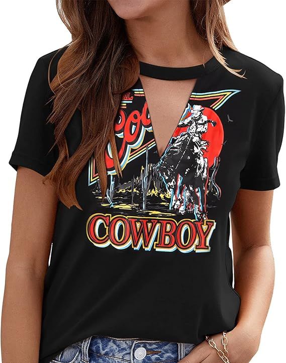 GLIGLITTR Women Cowboys V Neck T Shirt Western Country Hollow Out Shirt Vintage Cowgirls Keyhole ... | Amazon (US)