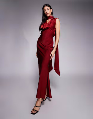 ASOS DESIGN Tall satin cowl neck midi dress with scarf neck ties and twist back in burgundy | ASO... | ASOS (Global)