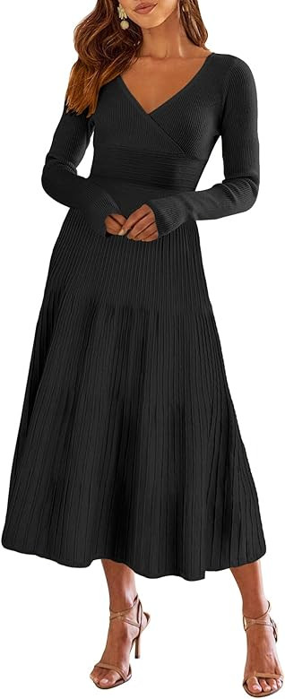ANRABESS Women's Wrap Midi Sweater Dresses Long Sleeve V Neck High Waist Ribbed Knit Pleated A-Li... | Amazon (US)