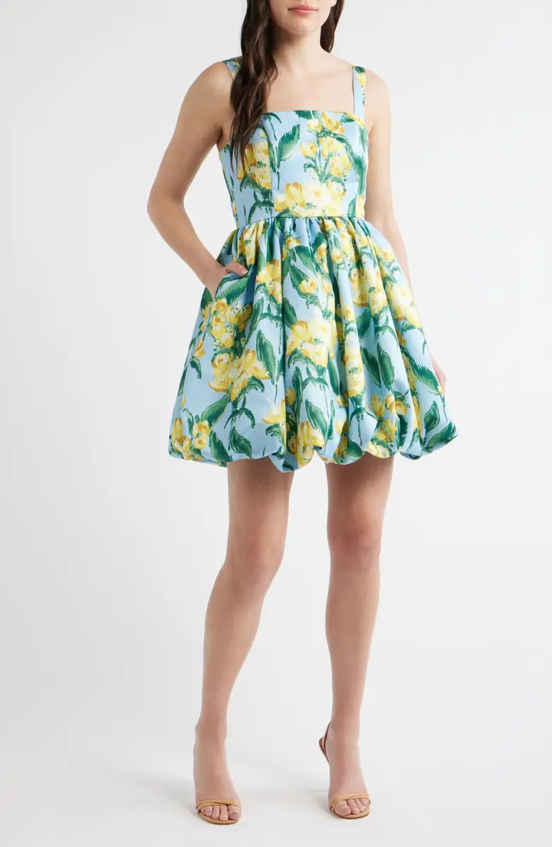Floral Square Neck Bubble Hem Cocktail Minidress | Nordstrom