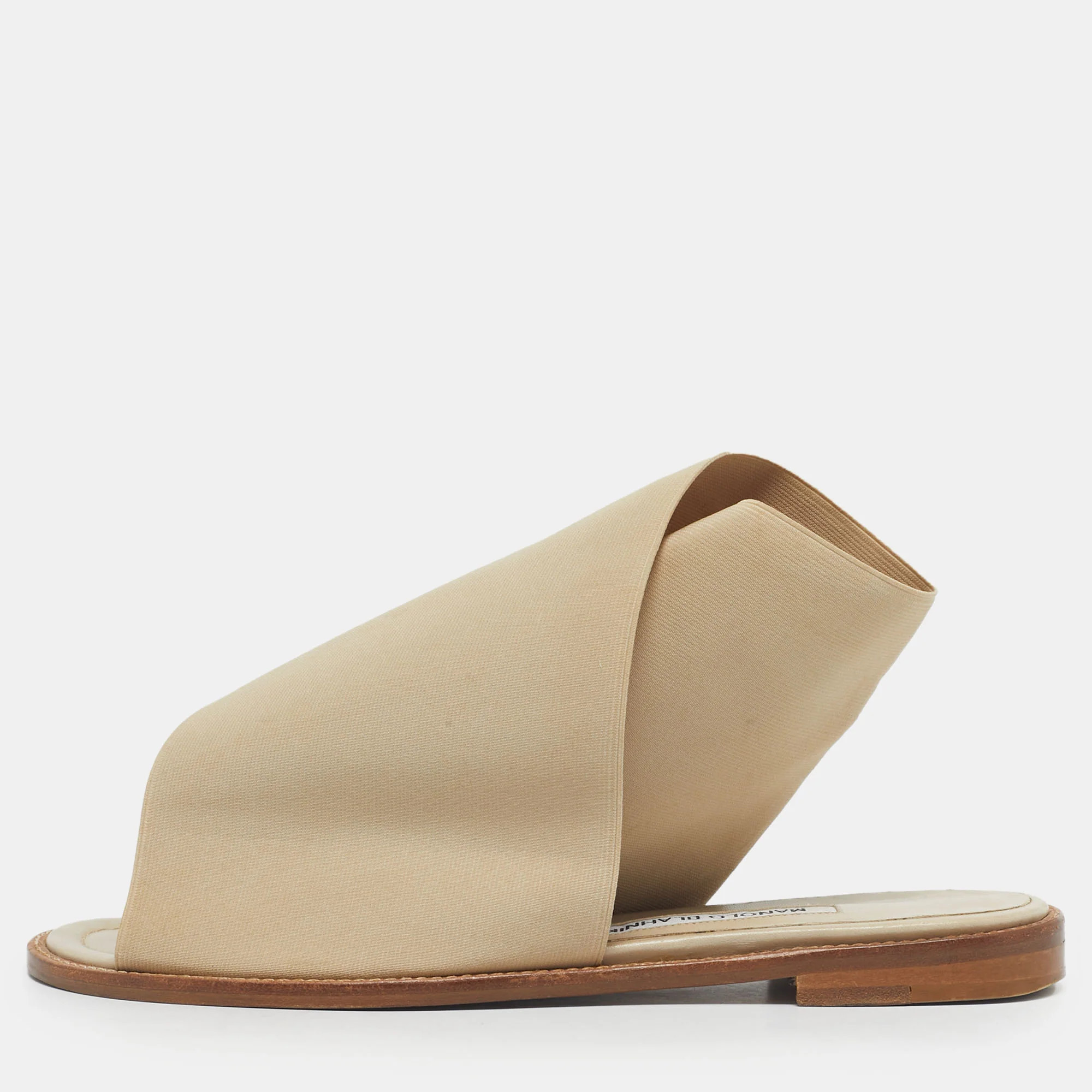 Manolo Blahnik Cream Fabric Flat Slides | Shop Simon