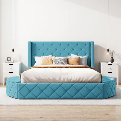 Velvet Upholstered Queen Bed with Wingback Headboard & 2 Side Storage Stool | Wayfair North America