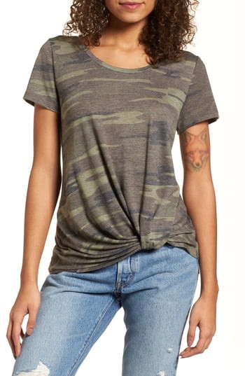 Women's Bp. Camo Print Twist Hem Tee, Size XX-Small - Green | Nordstrom