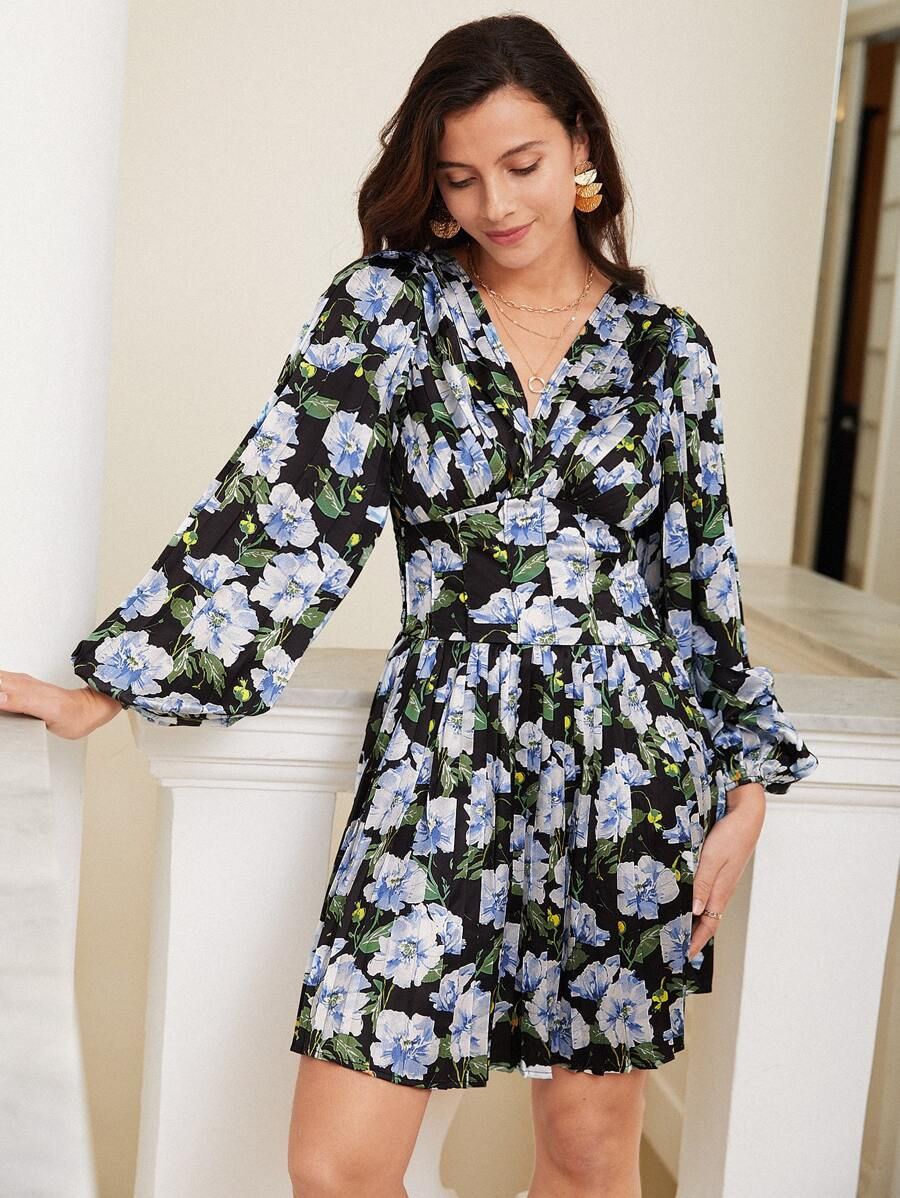 HomeWomen ClothingWomen DressesSHEIN Frenchy Floral Print Lantern Sleeve Dress | SHEIN