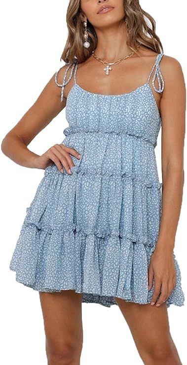 CHYRII Women's Spaghetti Strap Sleeveless Bohemian Shirred Back Ruffled Layer Swing Mini Dress | Amazon (US)