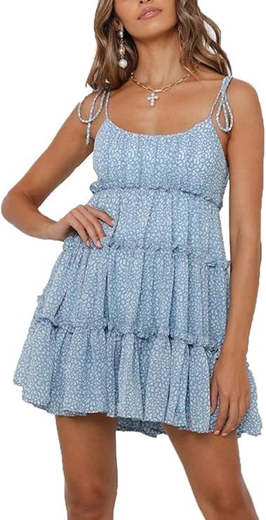 CHYRII Women's Spaghetti Strap Sleeveless Bohemian Shirred Back Ruffled Layer Swing Mini Dress | Amazon (US)