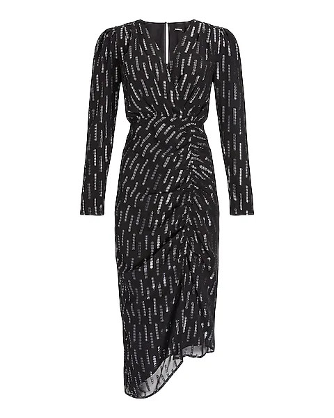 Metallic Faux Wrap Ruched Front Asymmetrical Midi Dress | Express