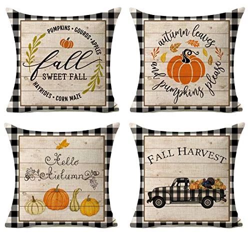 Kithomer Set of 4 Fall Buffalo Plaids Pumpkin Harvest Throw Pillow Cases Autumn Farmhouse Decorat... | Walmart (US)
