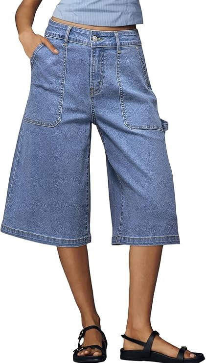 Dokotoo Womens High Waisted Stretch Wide Leg Cargo Denim Shorts Casual Below The Knee Length Jean... | Amazon (US)
