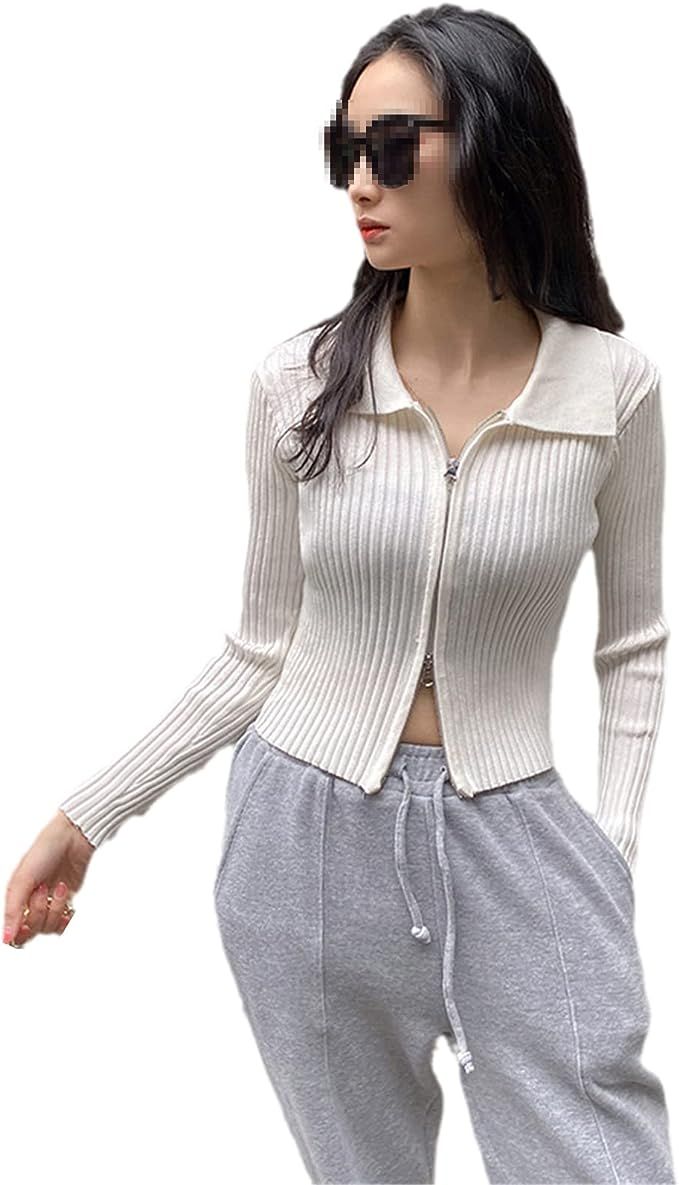 Alloaone Women's Double Zipper Pit Striped Knit Cardigan Sweater Women Solid Jacket Skinny Lapel ... | Amazon (US)