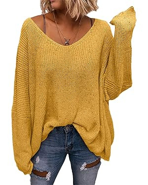 BZB Women's V Neck Long Sleeve Knit Loose Oversized Pullover Sweater Top | Amazon (US)