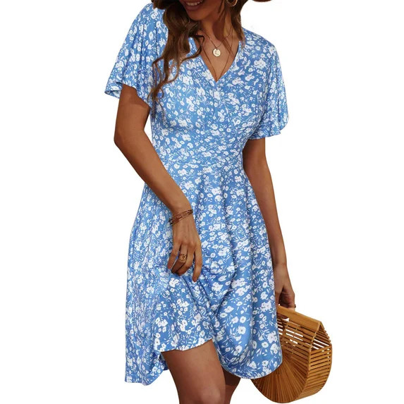 UVN Summer Dresses for Women Short Sleeve V Neck A-Line Midi Dress Boho Beach Floral Print Sundre... | Walmart (US)