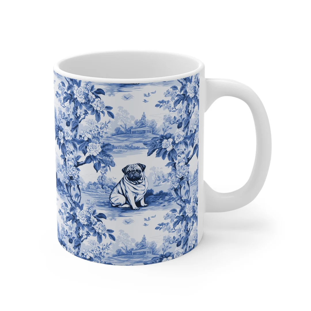 Pug Toile II Drawing Mug 11oz Coffee or Tea Cup Blue and - Etsy | Etsy (US)