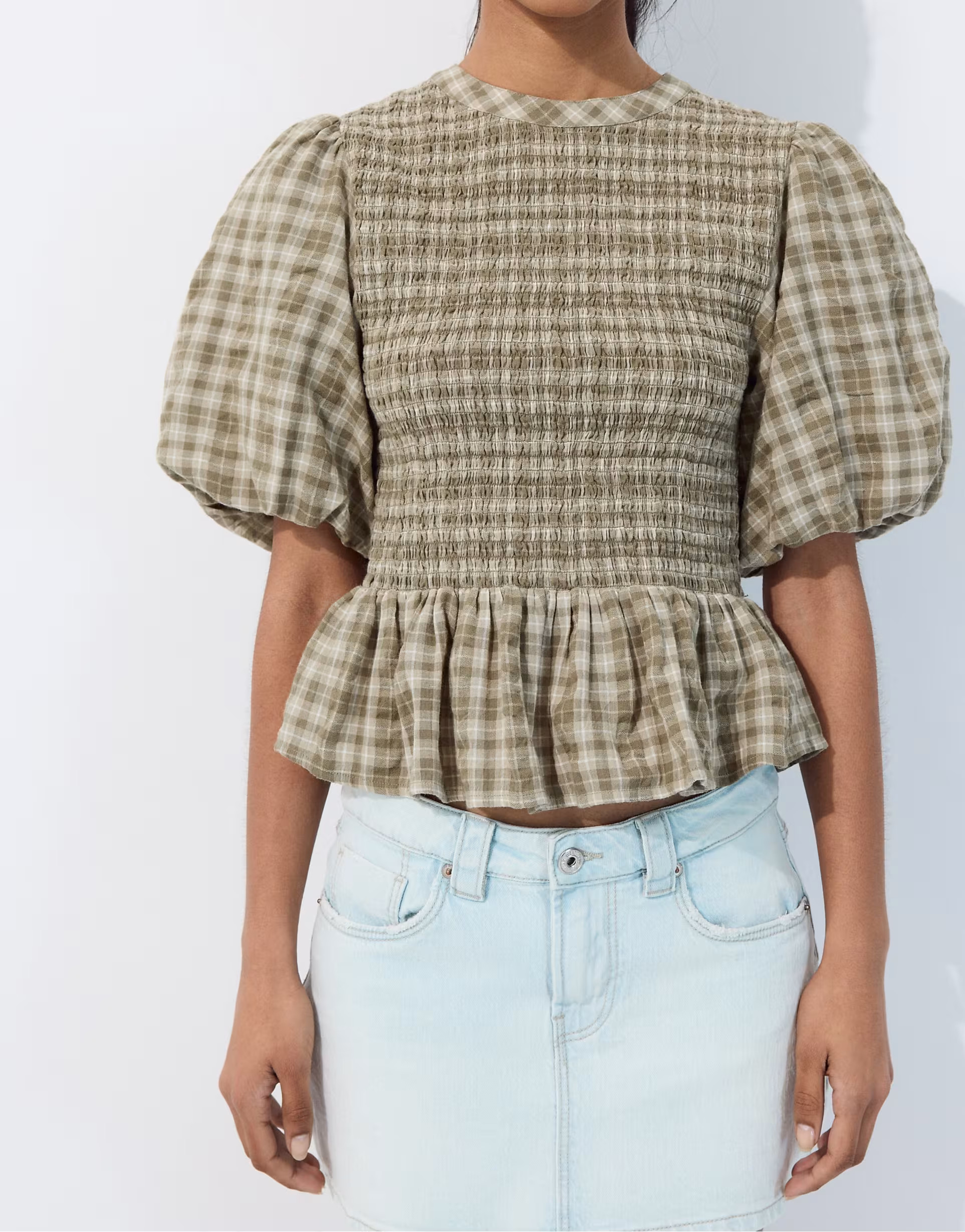 Stradivarius Short sleeve peplum blouse in khaki | ASOS (Global)