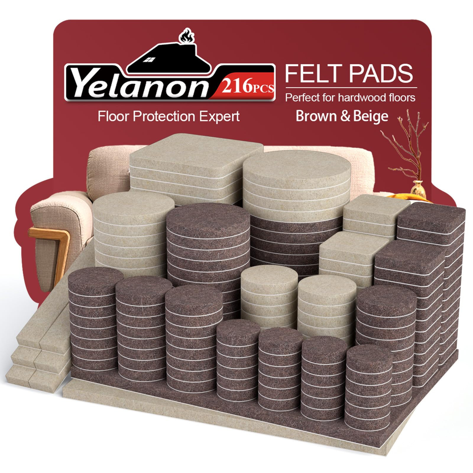 Yelanon Felt Furniture Pads for Hardwood Floors -216 Pcs Premium Felt Pads for Chair Legs, Floor Protectors for Furniture, Beige & Brown | Amazon (US)