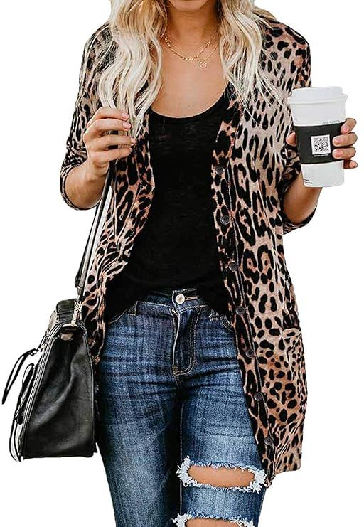 MYIFU Leopard Prints Button Down Open Front Lightweight Shirt Cardigans Sweater | Amazon (US)