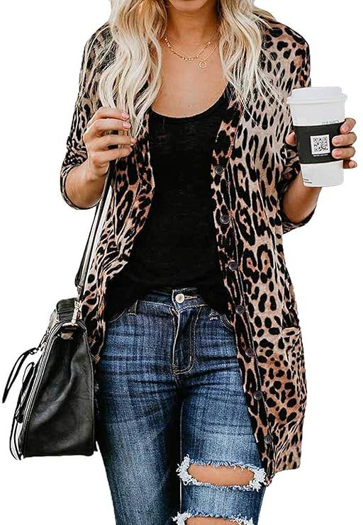MYIFU Leopard Prints Button Down Open Front Lightweight Shirt Cardigans Sweater | Amazon (US)