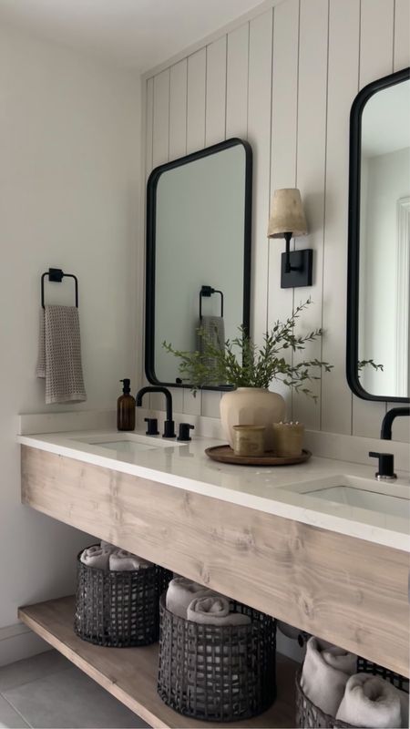 Bathroom Remodel | diy | bathroom sconce | rectangle mirror | rounded rectangle mirror | vase | faux stems | waffle weave towel | towel ring | black faucets | open weave towel basket 

#LTKfindsunder100 #LTKfindsunder50 #LTKhome