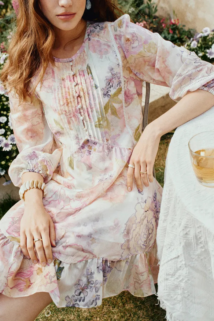 Yori Handpainted Wavy Ruffle Babydoll Dress in Silk Linen Blend | Fabrique
