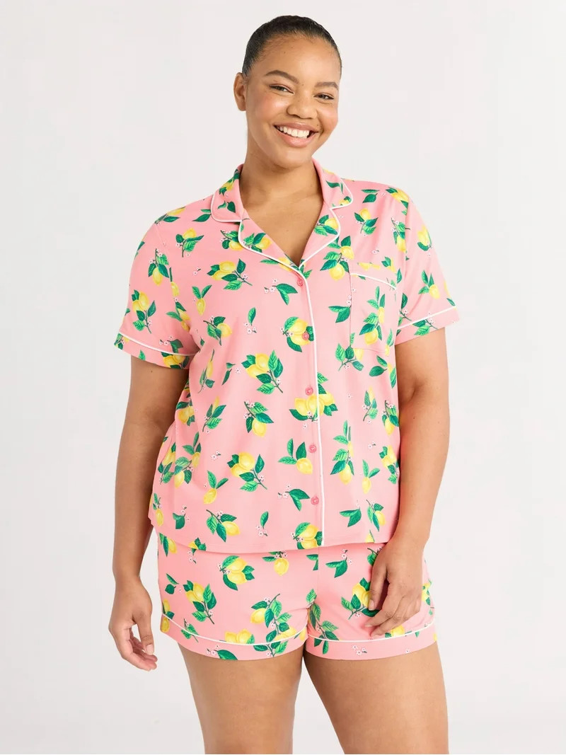 Joyspun Women’s Dreamy Soft Collection Short Sleeve Knit Notch Collar Top and Shorts Pajama Set... | Walmart (US)