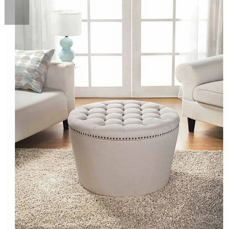 Better Homes & Gardens Round Tufted Storage Ottoman with Nailheads, Cream Faux Linen | Walmart (US)