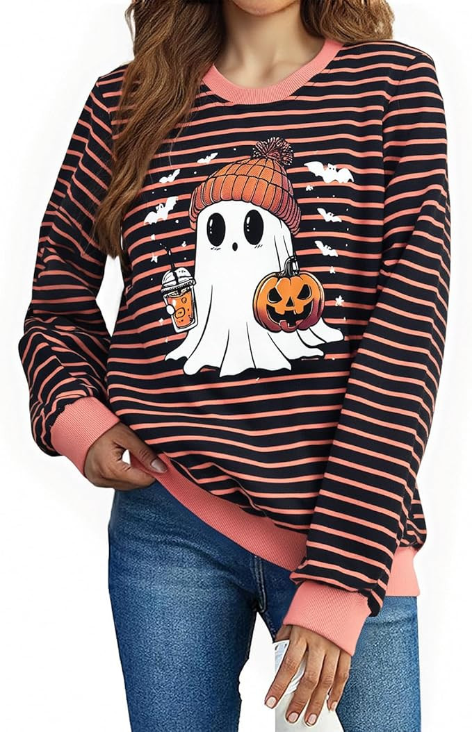 ASTANFY Halloween Sweatshirts for Women Ghost Pumpkin Long Sleeve Shirt Coffee Lover Graphic Tees... | Amazon (US)