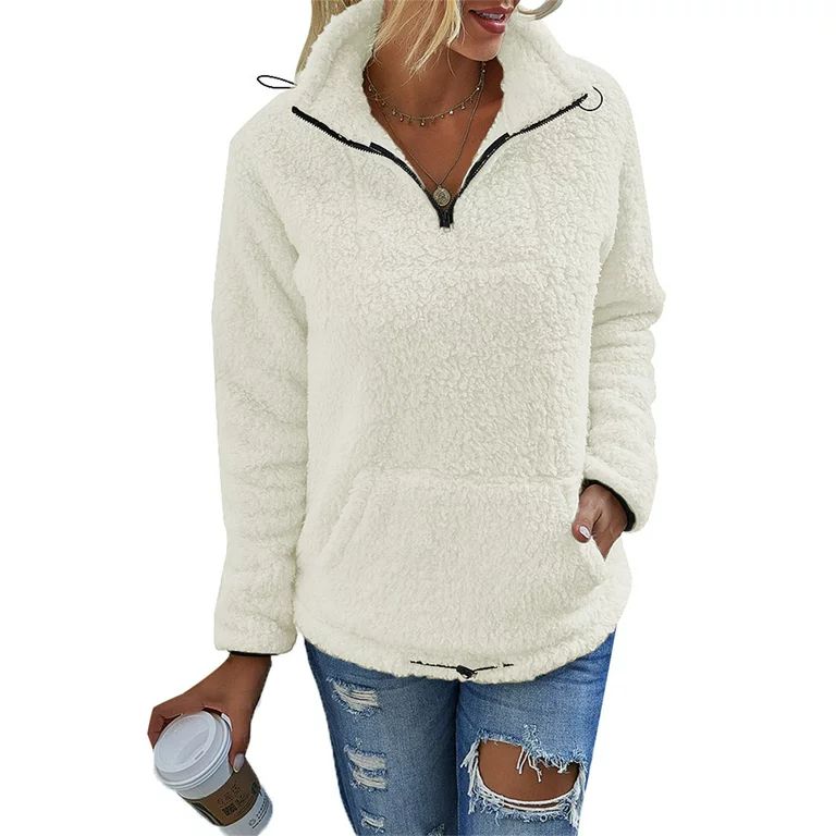 Women Fleece Sherpa Pullover Sweatshirts Long Sleeve Stand Collar Front Pocket Plush Sweater | Walmart (US)
